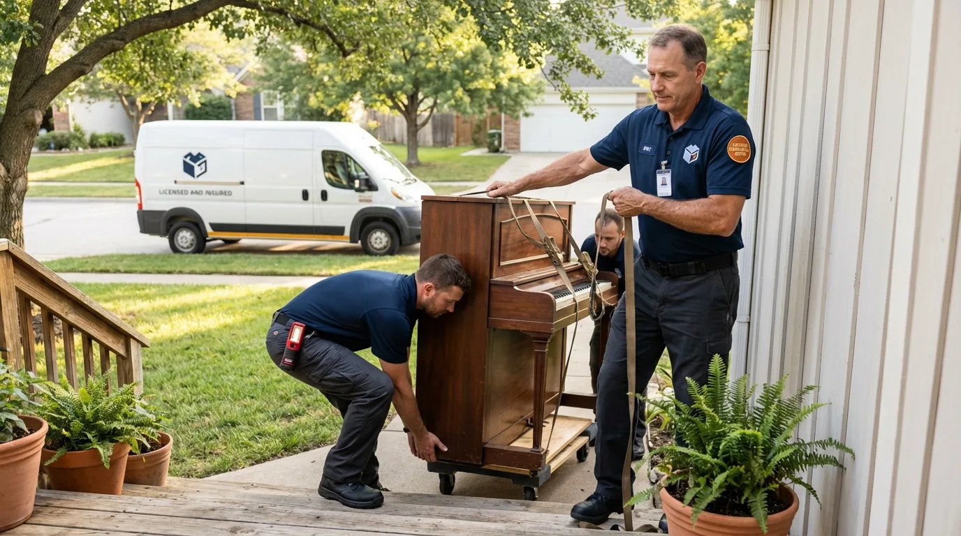 Licensed piano movers securing grand piano in Nogales, AZ
