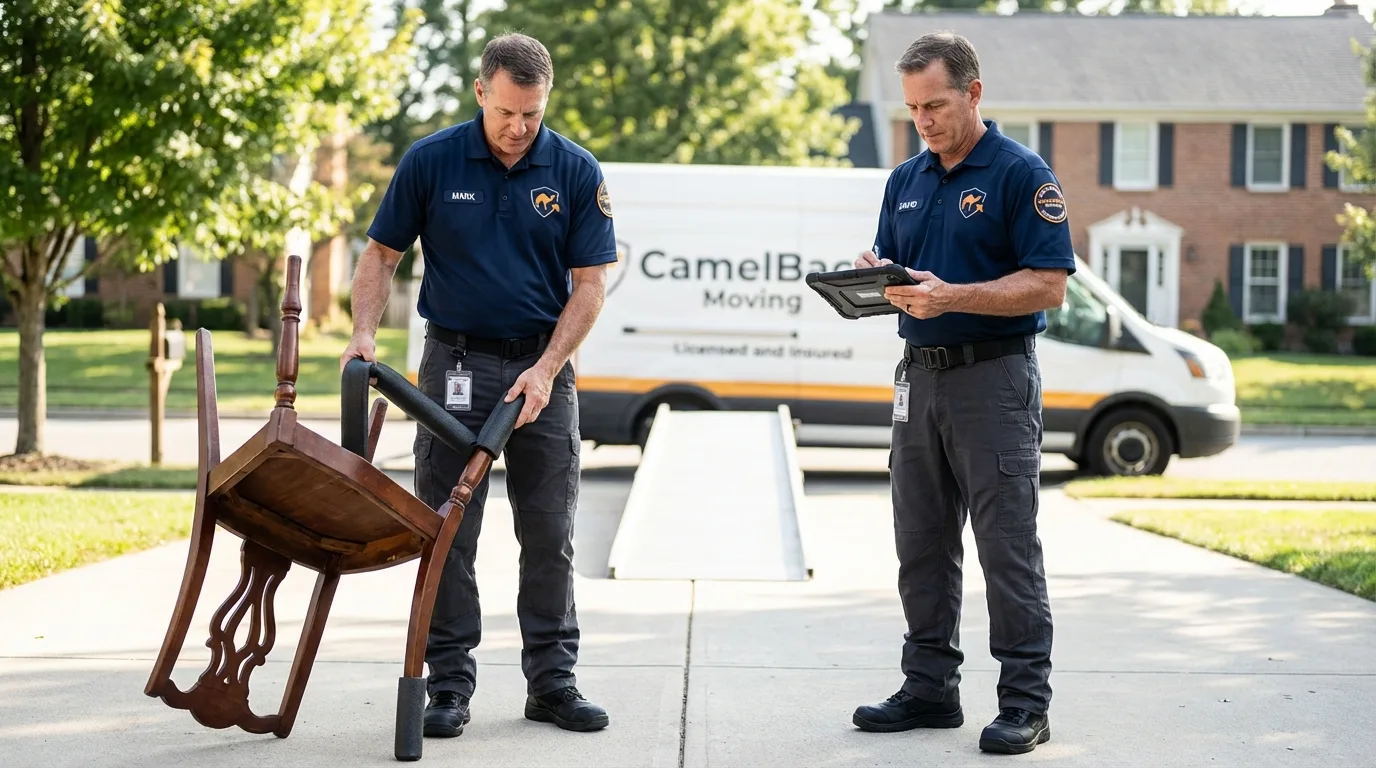Movers inspecting furniture for damage prevention before loading in Nogales, AZ